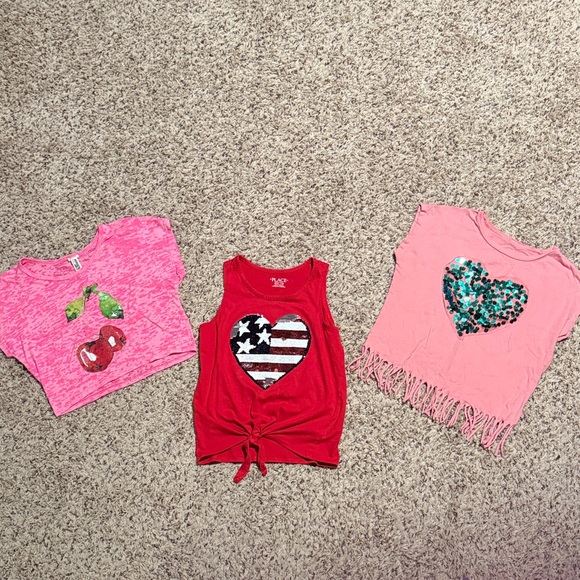 Girls size 7/8 bundle of 3 tops with hearts cherries and flags - Picture 1 of 5
